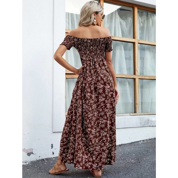 Off the Shoulder Floral High Slit maxi Dress black boho - Picture 7 of 11